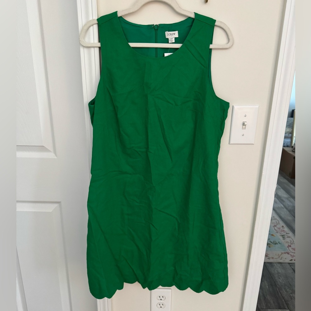 J. Crew scallop trim green linen shift dress